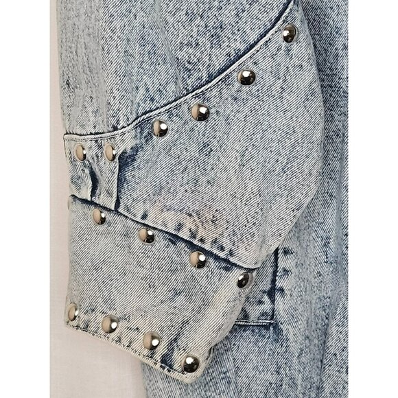 Studded Denim Oversized Jacket 80s VTG Eunina Acid Wash Lrg Biker Rocker Western - Picture 4 of 6
